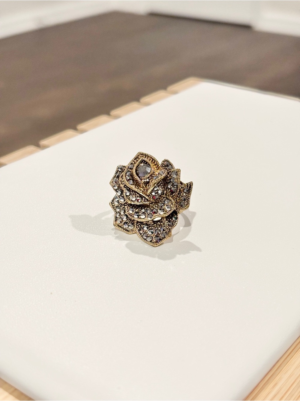 Vintage Ring Gold Tone Floral Statement Dark Rhinestone Cocktail Ring Size 7